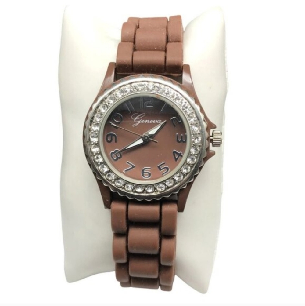😁Geneva Chocolate Women's Brown Silicone Band Analog Quartz Rhinestones Watch